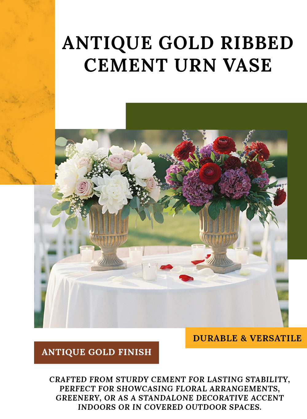 Antique Gold Ribbed Cement Urn Vase, Available in 2 Sizes