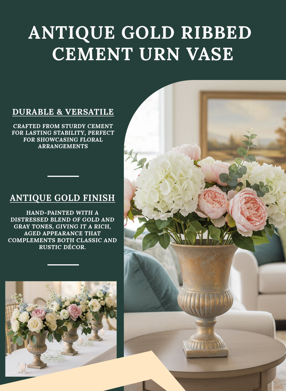 Antique Gold Ribbed Cement Urn Vase, Available in 2 Sizes