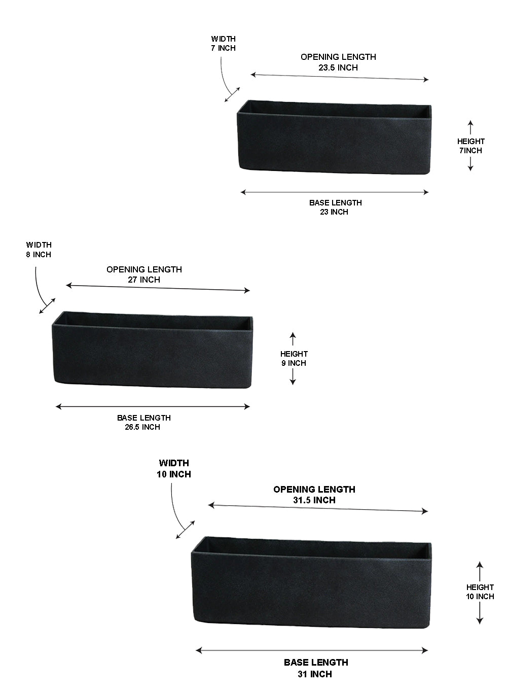 Black Rectangular Lightweight Planter Box, Available in 3 Sizes