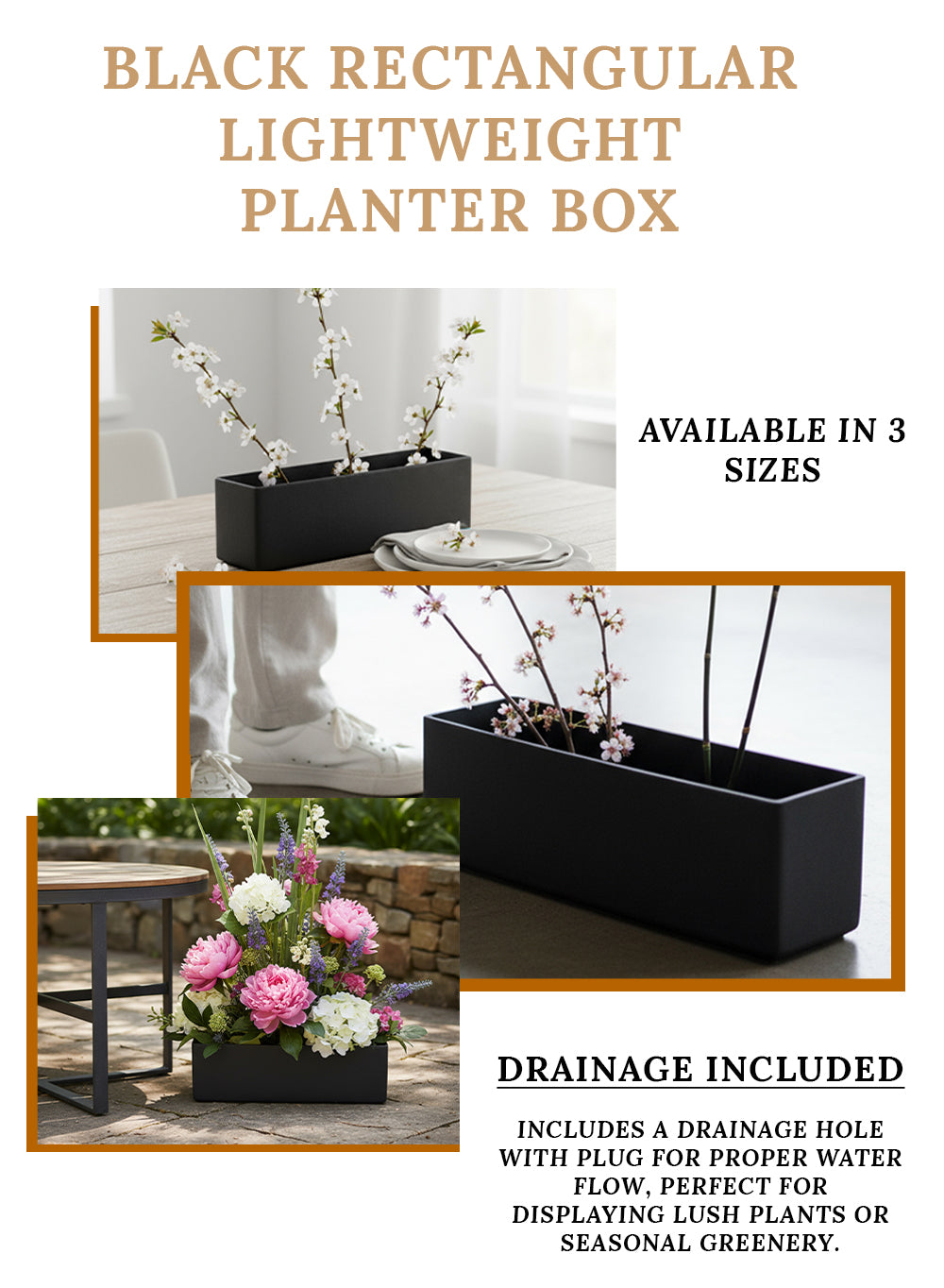 Black Rectangular Lightweight Planter Box, Available in 3 Sizes