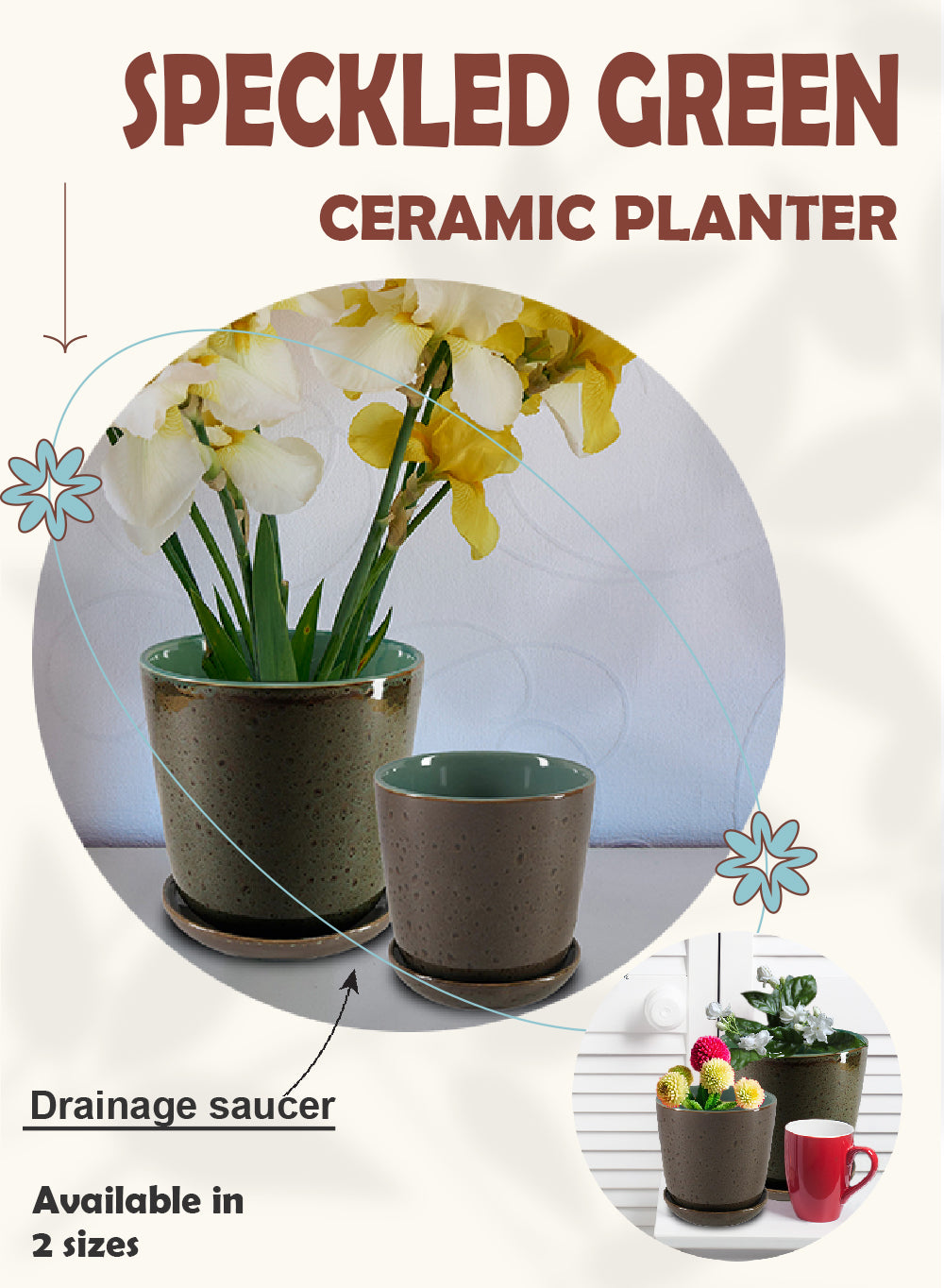 Speckled Green Ceramic Planter with Saucer, In 2 Sizes