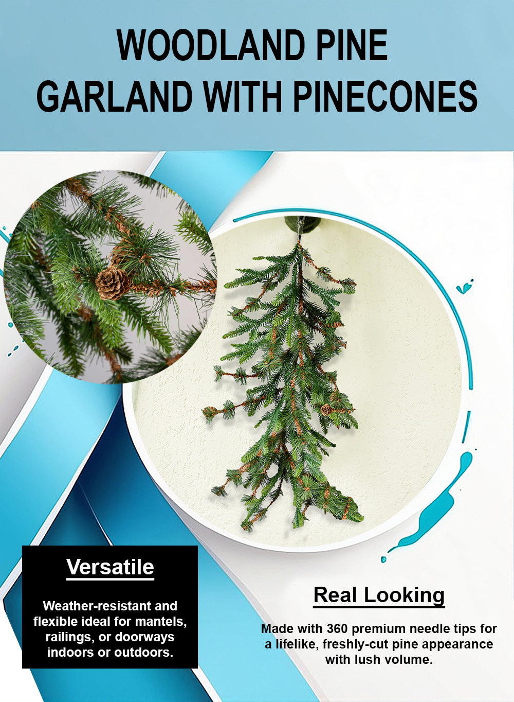 82" Woodland Pine Garland with Pinecones – 360 Tips & 16 Cones
