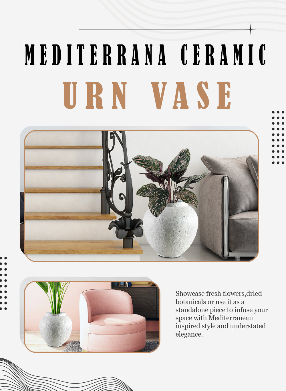 Mediterrana Ceramic Urn Vase, 11" Diameter & 11" Tall