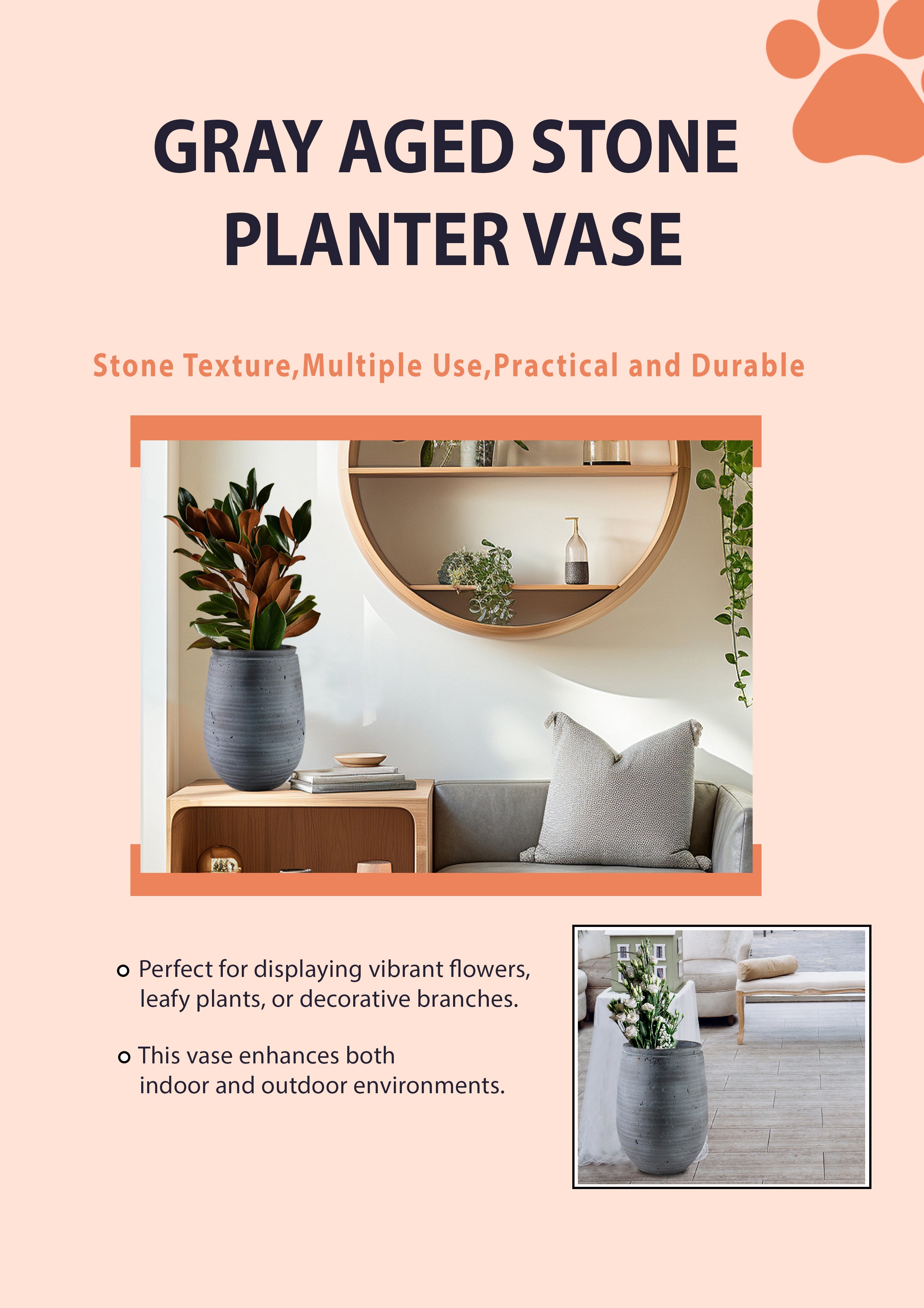 Gray Aged Stone Planter Vase, 10" Diameter & 12" Tall