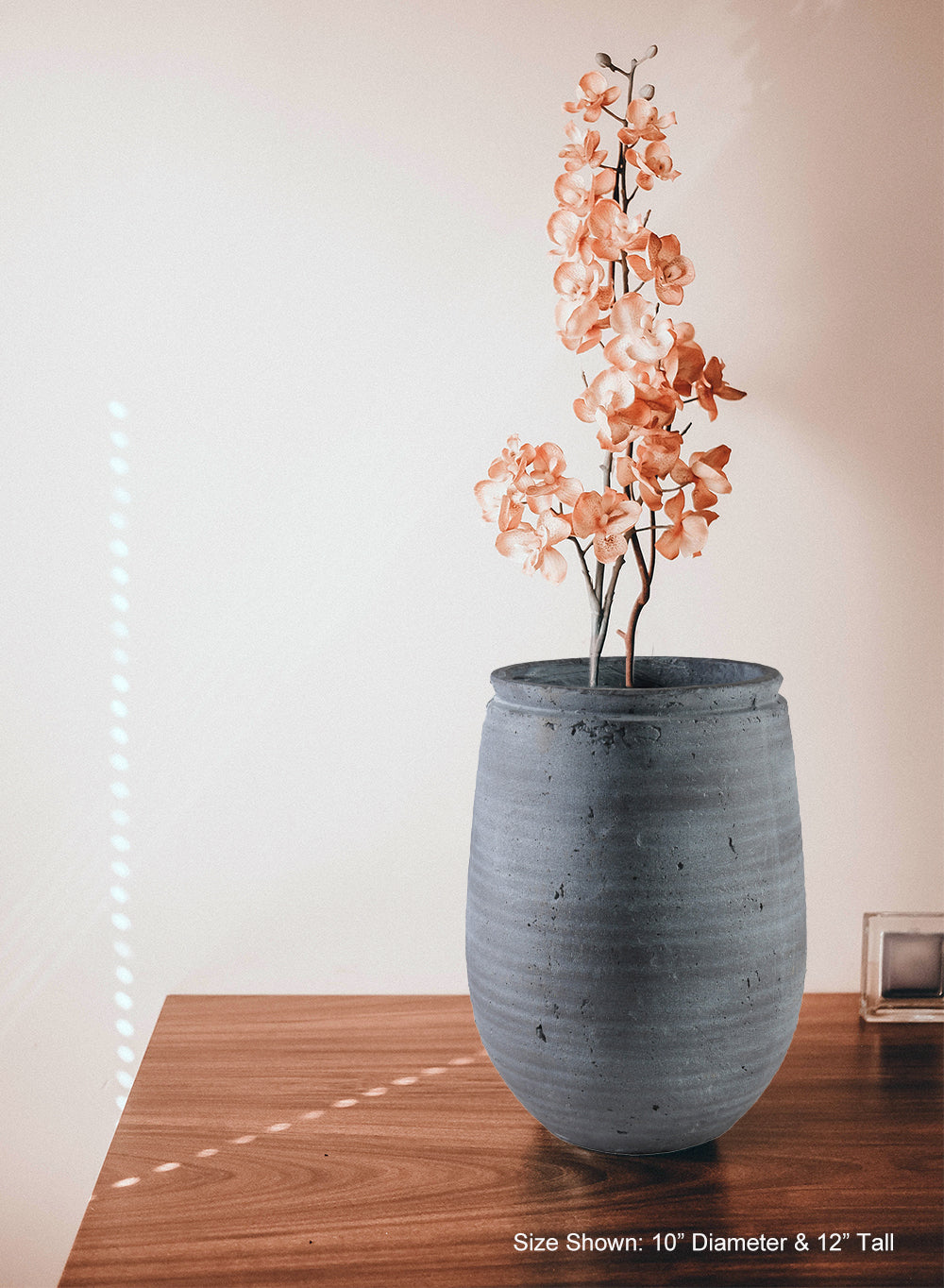 Gray Aged Stone Planter Vase, 10" Diameter & 12" Tall