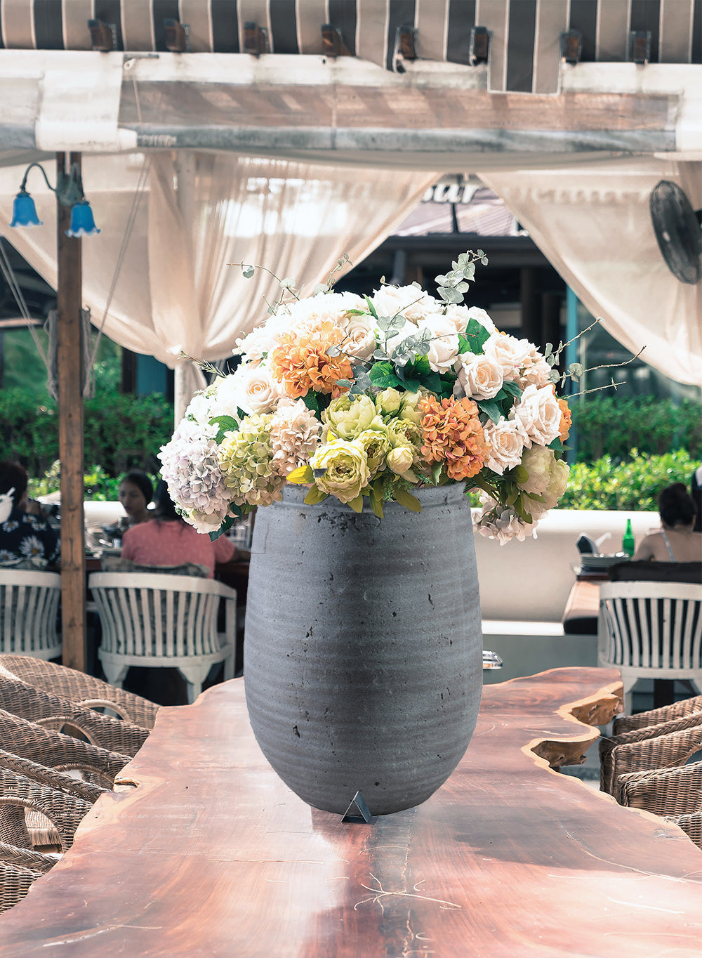 Gray Aged Stone Planter Vase, 10" Diameter & 12" Tall