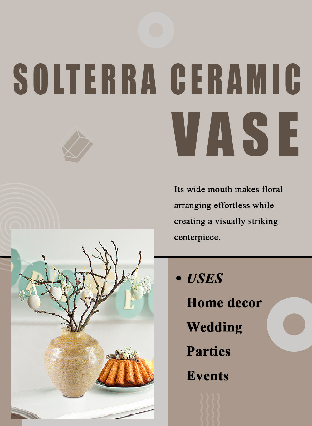 Solterra Ceramic Vase, 7.5" Diameter & 9" Tall