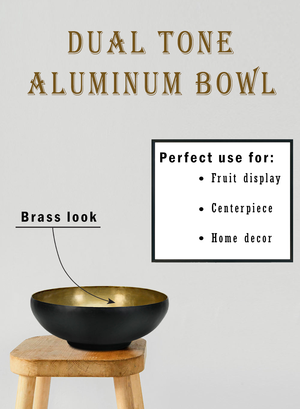 12" Dual-Tone Black & Gold Aluminum Bowl with Brass Look