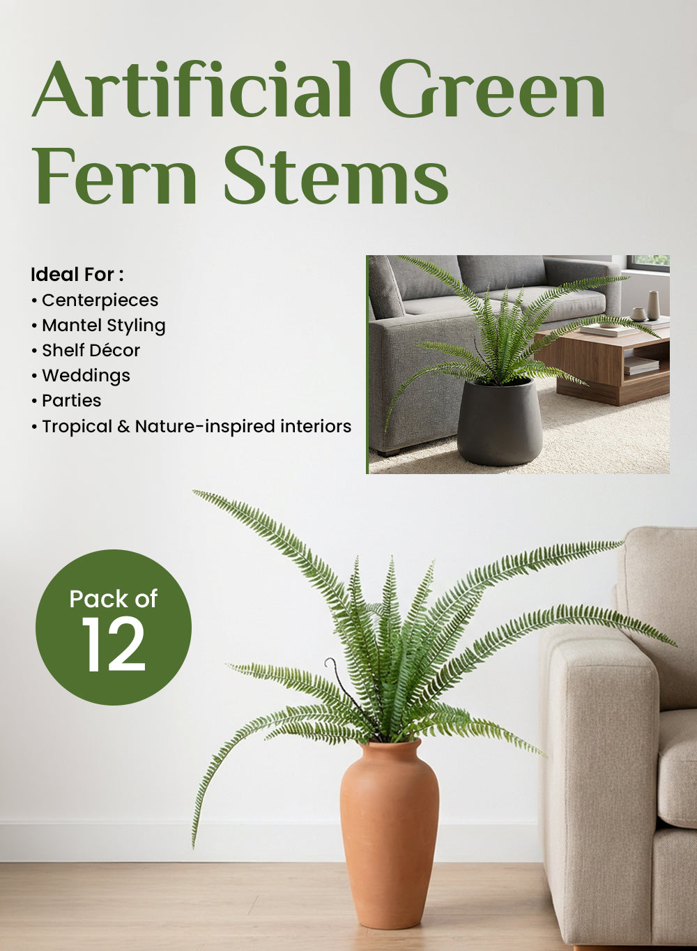 Artificial Green Fern Stems, 36.5" Tall, Pack of 12