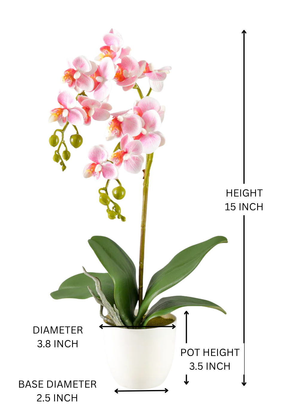 Potted Faux Pink Phalaenopsis Orchids, 3.8" Diameter & 15" Tall