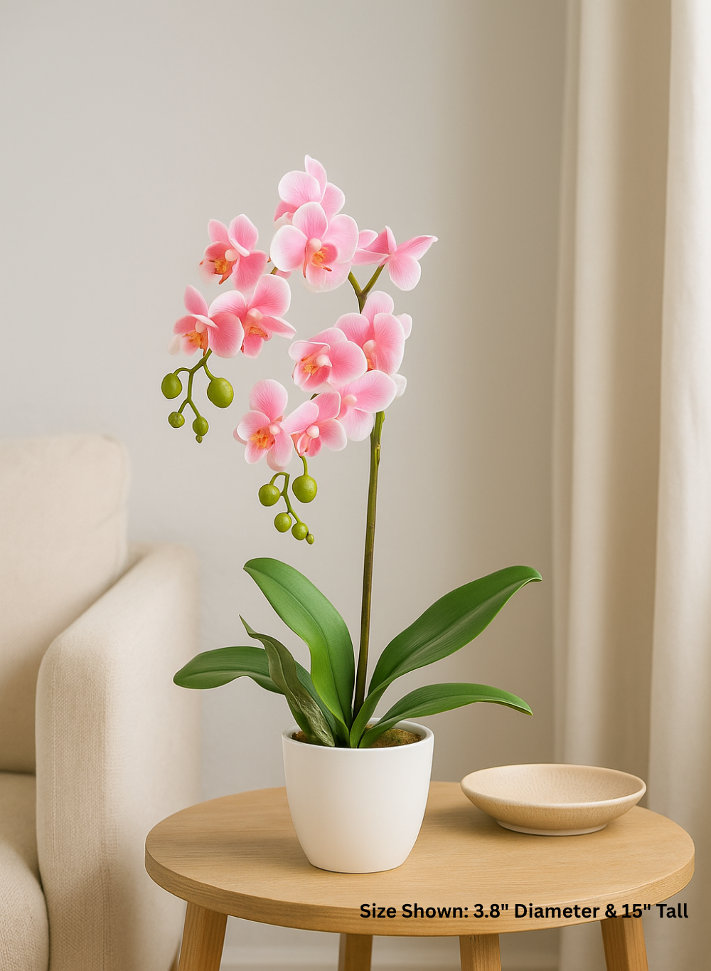 Potted Faux Pink Phalaenopsis Orchids, 3.8" Diameter & 15" Tall
