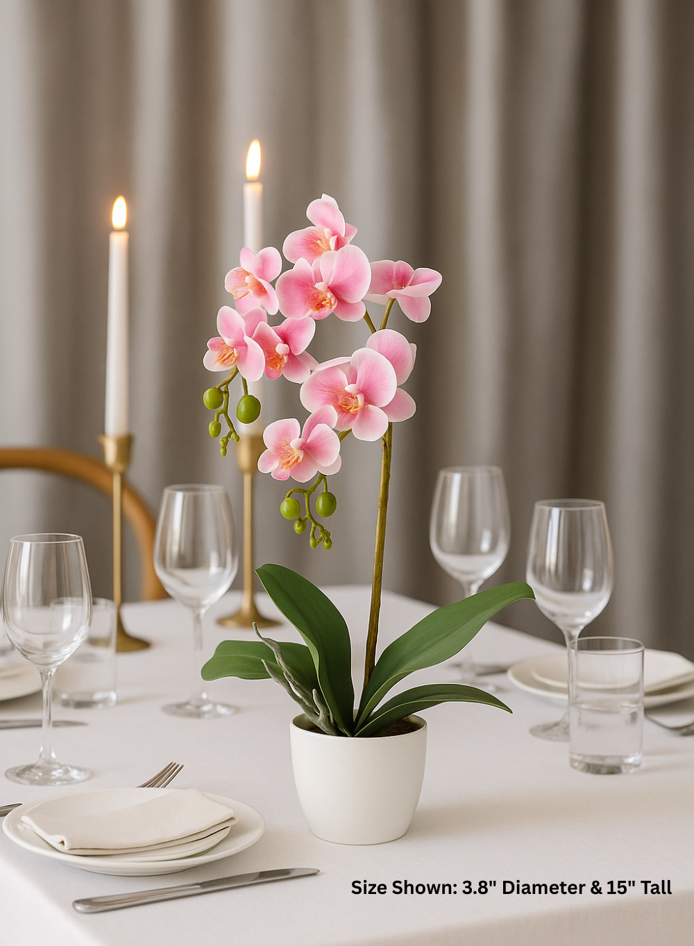 Potted Faux Pink Phalaenopsis Orchids, 3.8" Diameter & 15" Tall