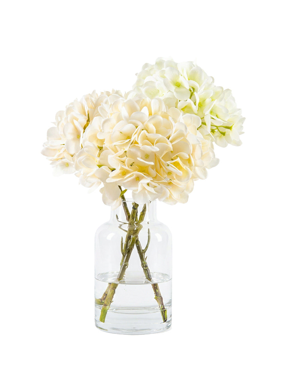 Artificial Hydrangea Flowers in Glass Vase, 4" Diameter & 14" Tall