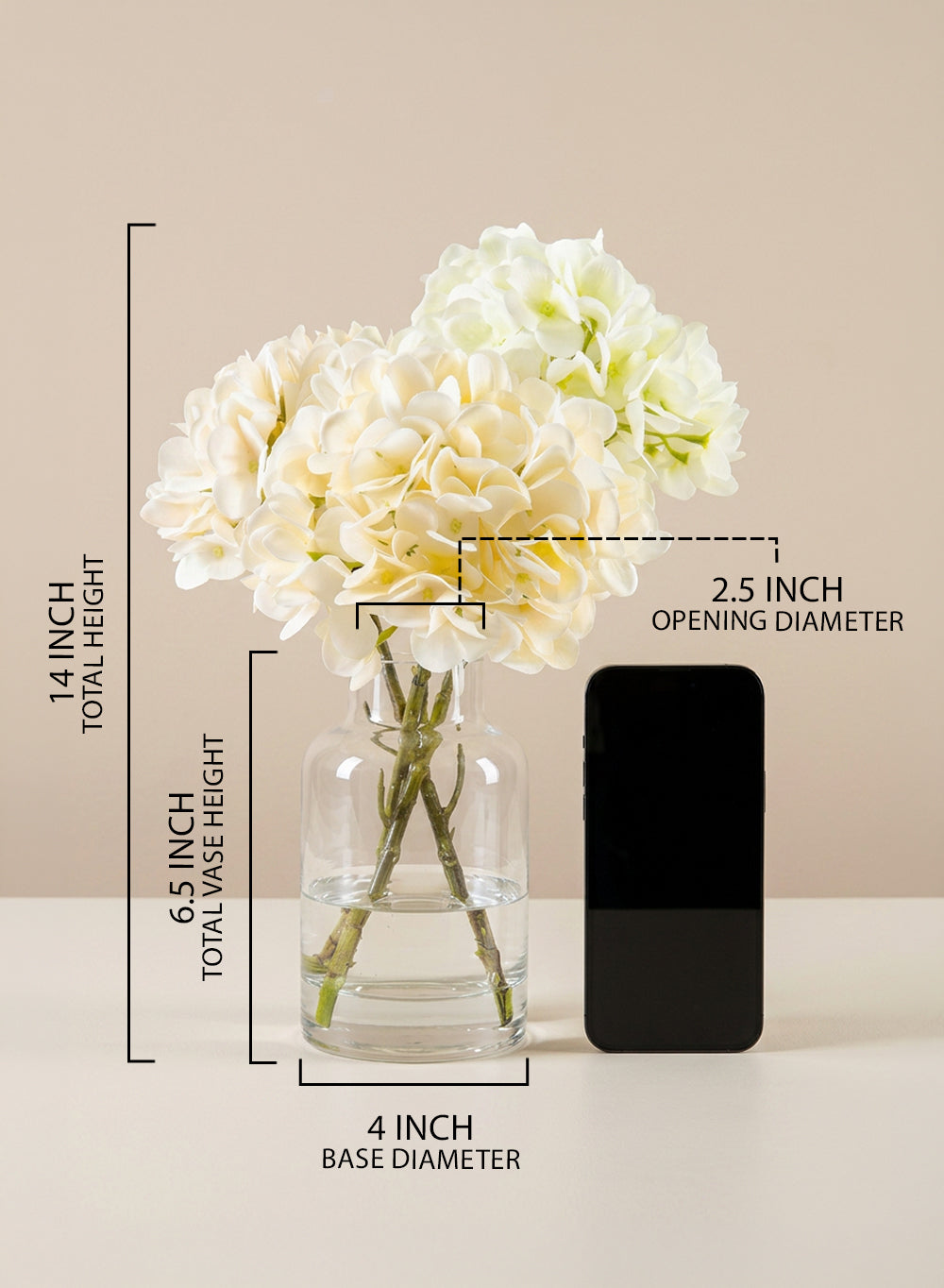 Artificial Hydrangea Flowers in Glass Vase, 4" Diameter & 14" Tall