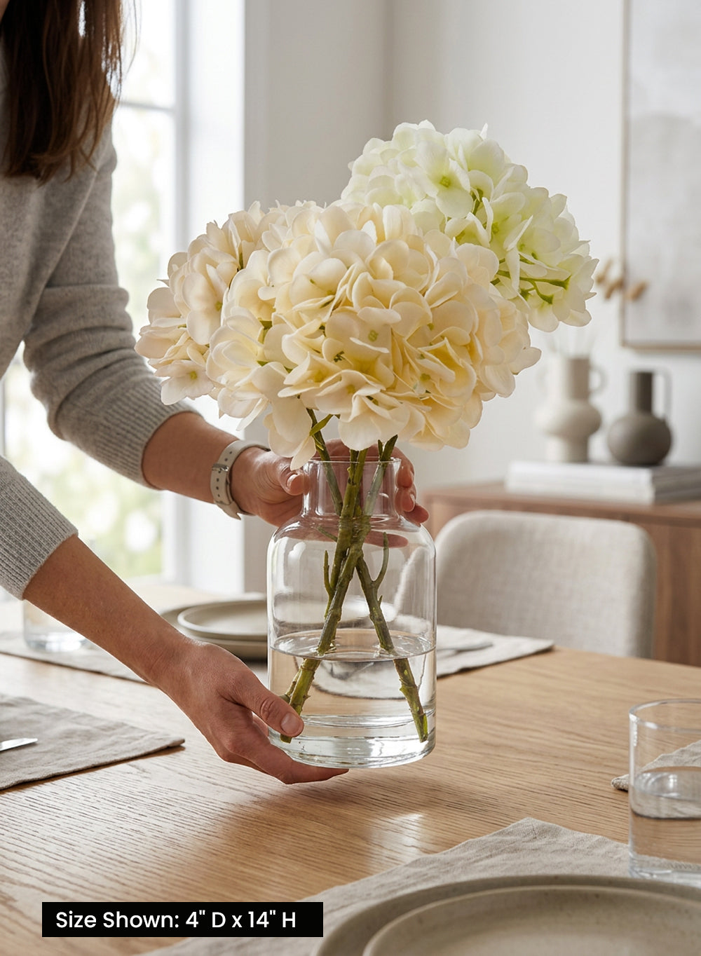 Artificial Hydrangea Flowers in Glass Vase, 4" Diameter & 14" Tall