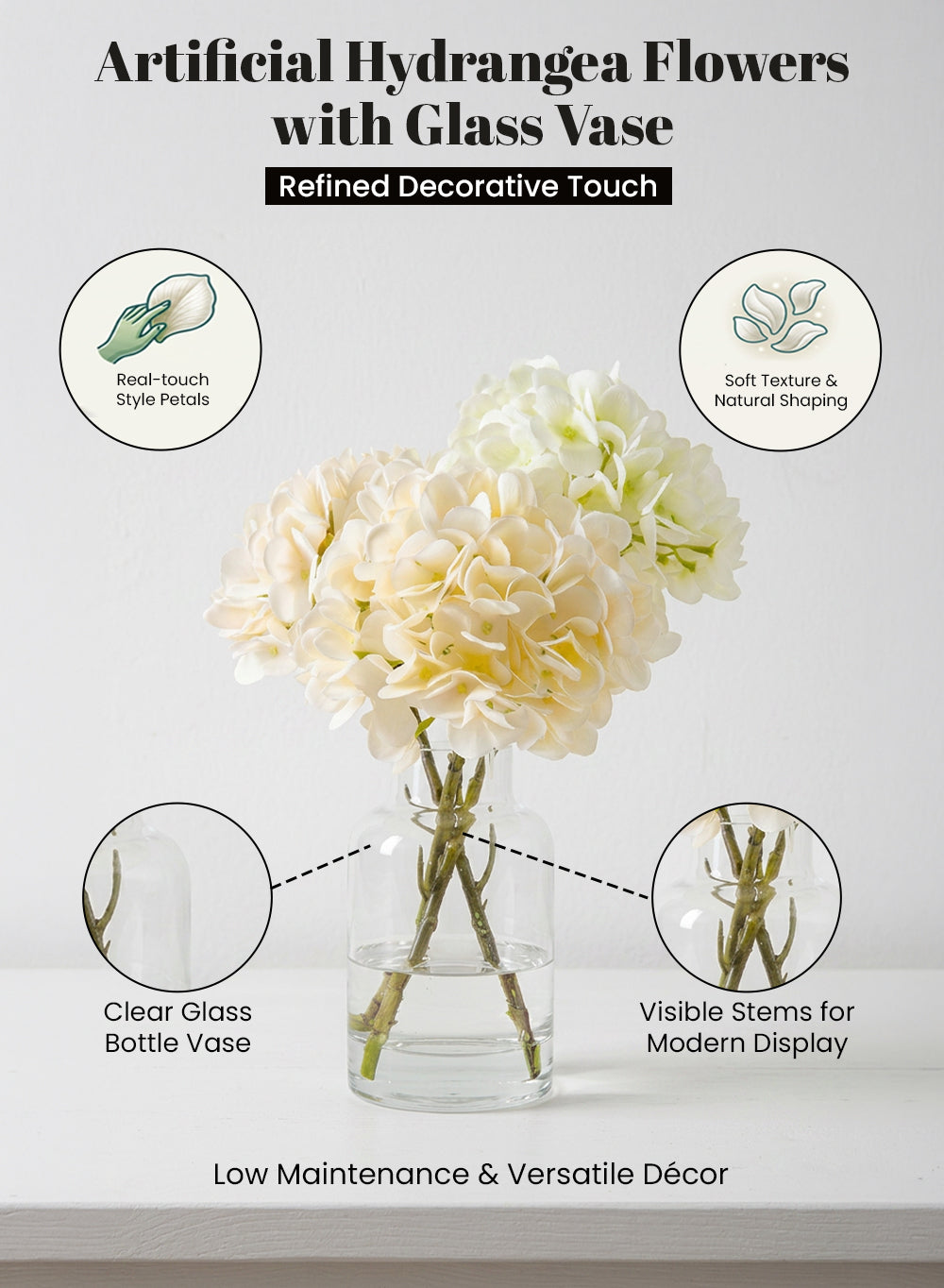 Artificial Hydrangea Flowers in Glass Vase, 4" Diameter & 14" Tall