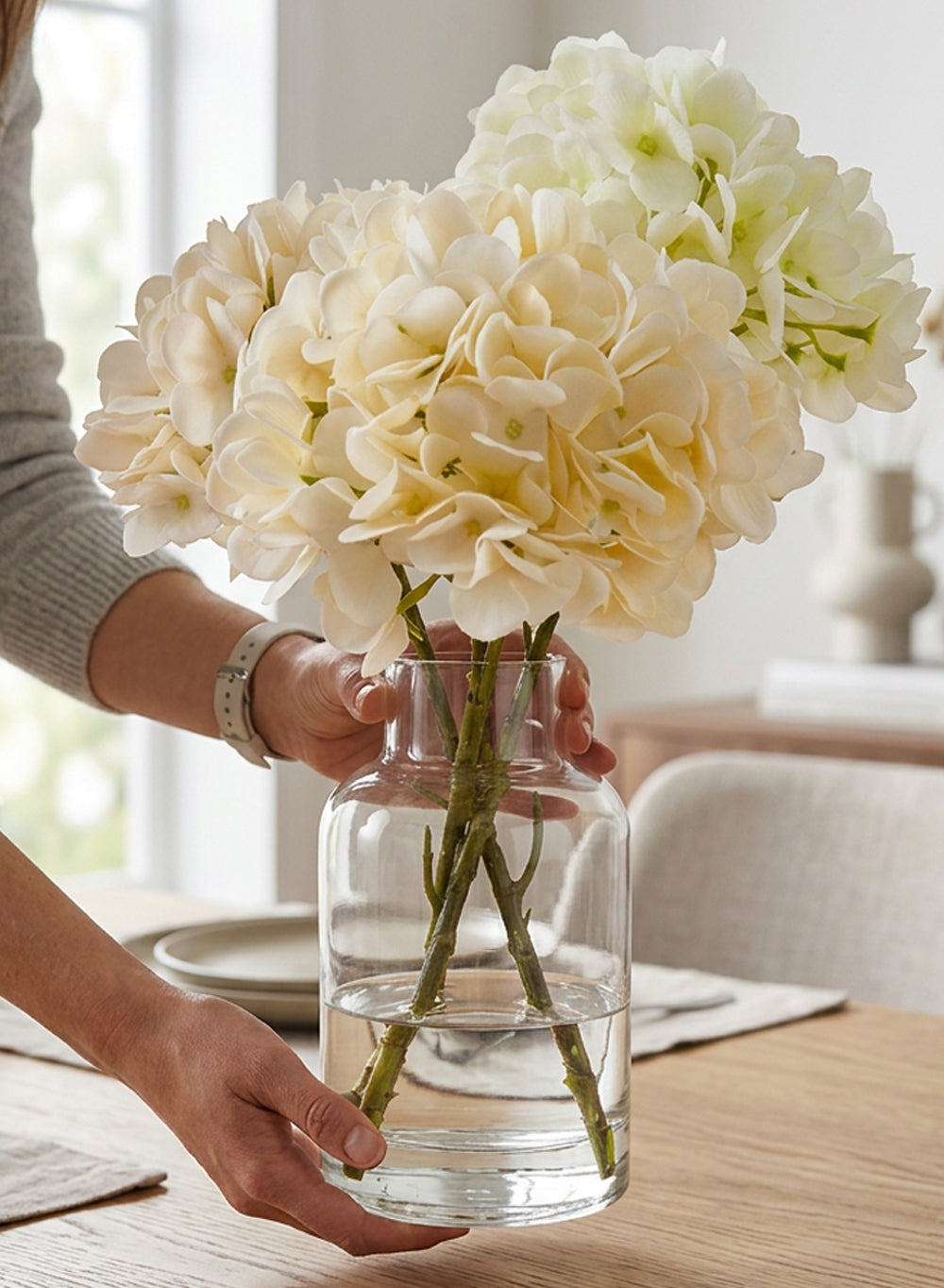 Artificial Hydrangea Flowers in Glass Vase, 4" Diameter & 14" Tall