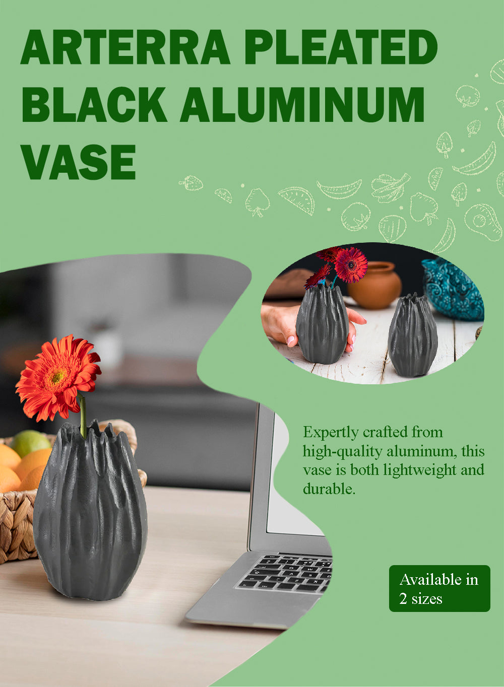 Arterra Pleated Black Aluminum Vase, Available in 2 Sizes