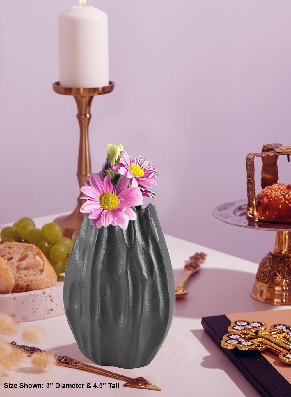 Arterra Pleated Black Aluminum Vase, Available in 2 Sizes