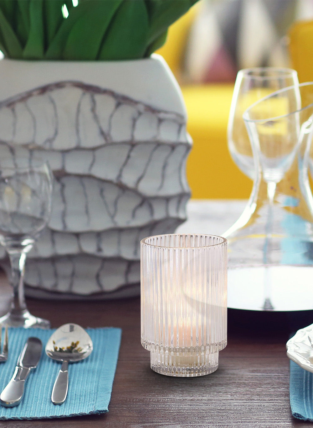 Ribbed Glass Votive Candle Holder, in 3 Colors