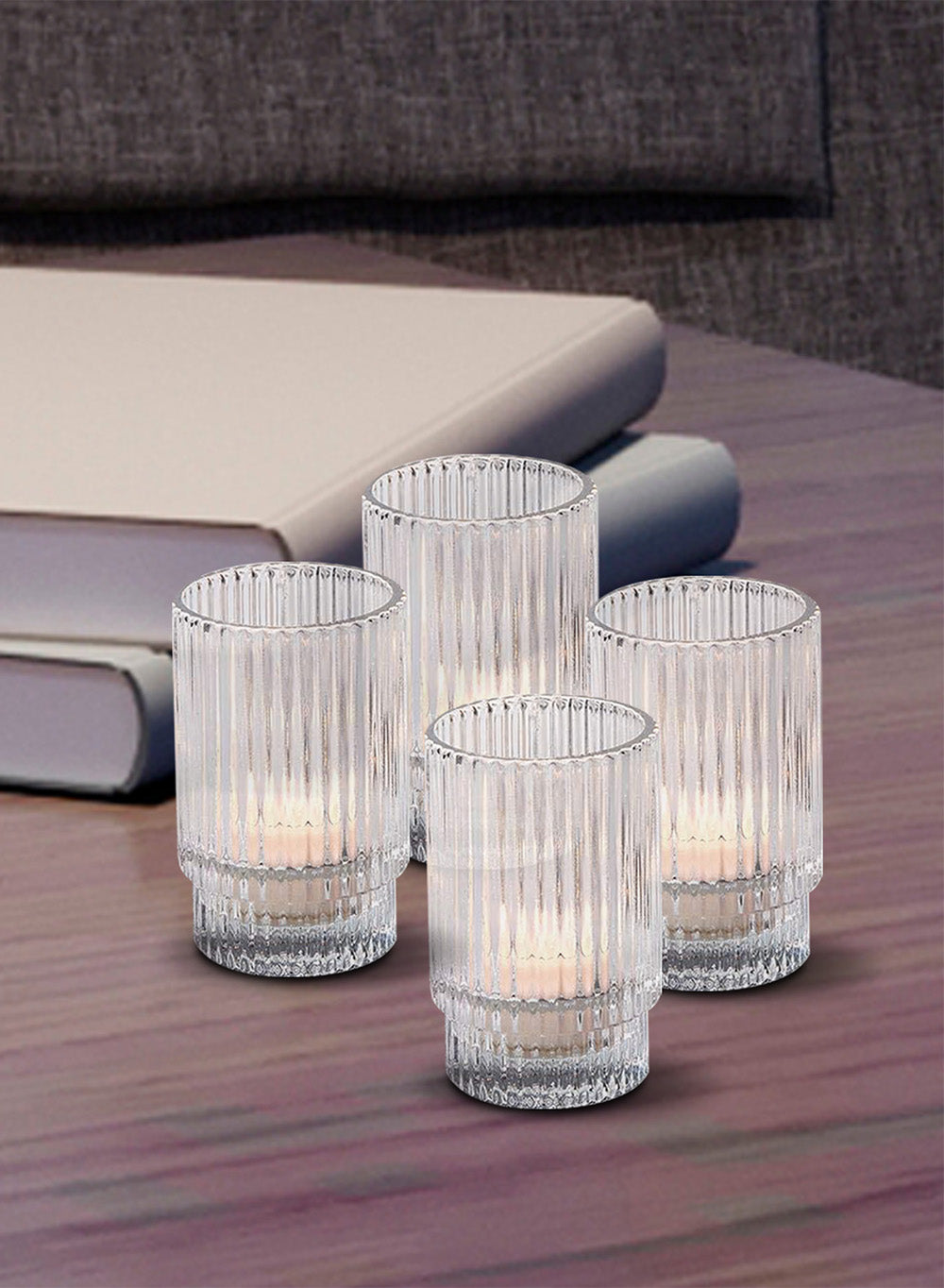 Bundle: Clear Ribbed Glass Votive Holders with Ivory Votive Candles