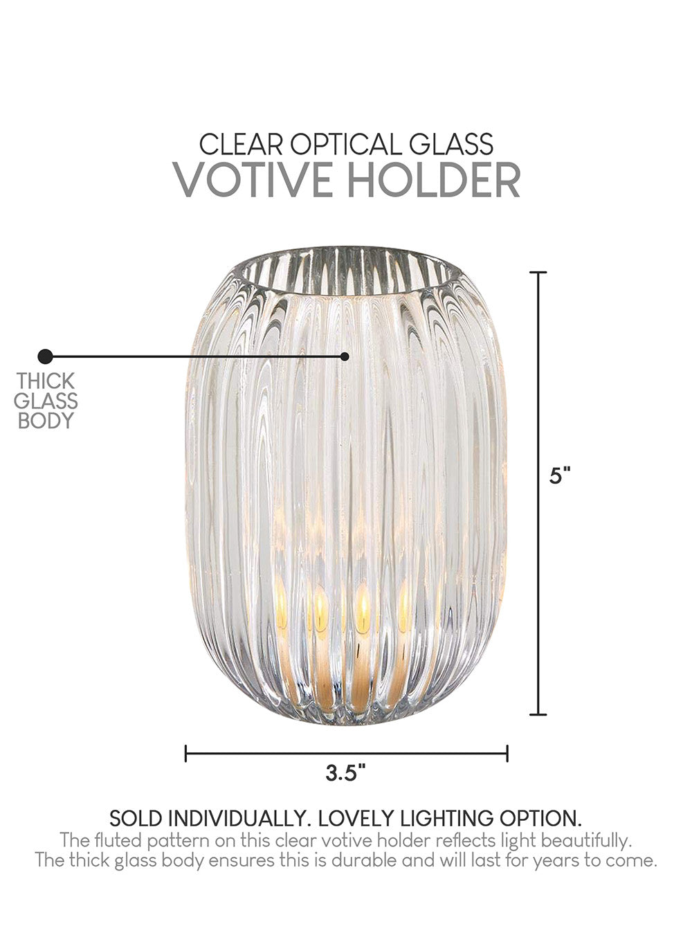 5" Ribbed Optical Glass Votive Holder, in 3 Colors