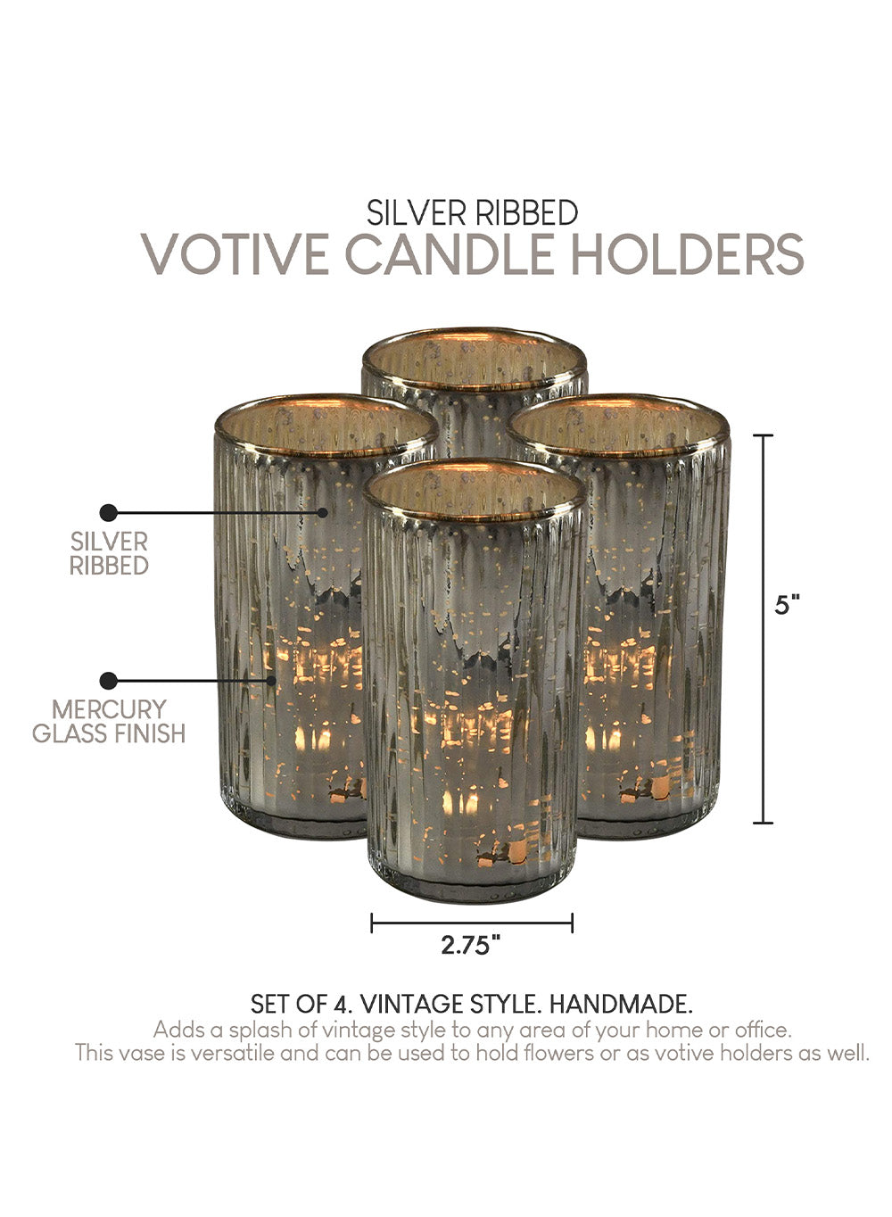 Vintage Ribbed Silver Votive Holder, in 2 Sizes