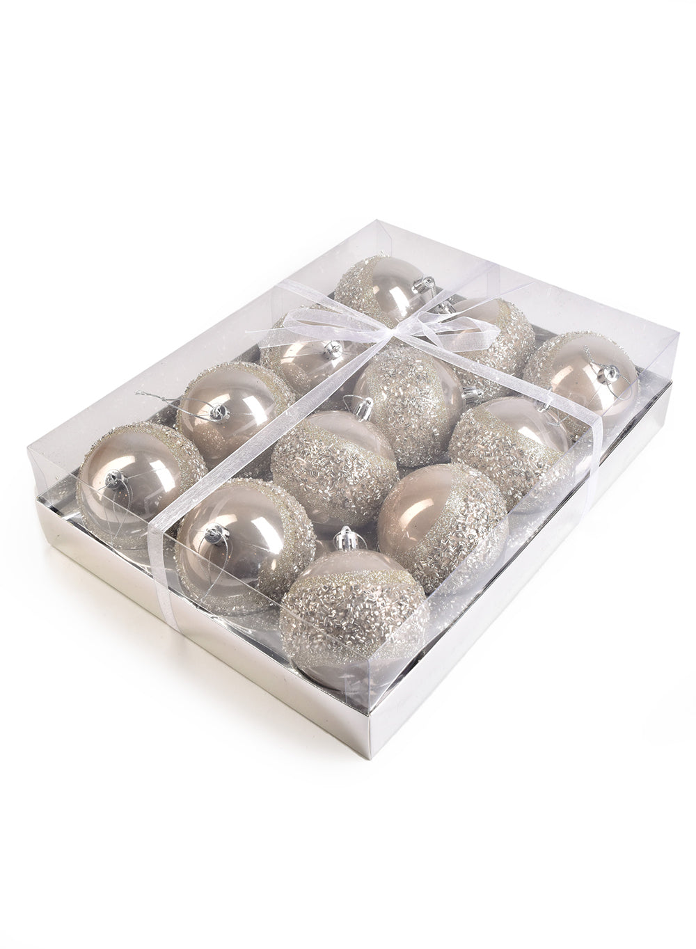 Serene Spaces Living Set of 12 Silver Beaded Plastic Ball, 3.25" Tall and 3" Dia