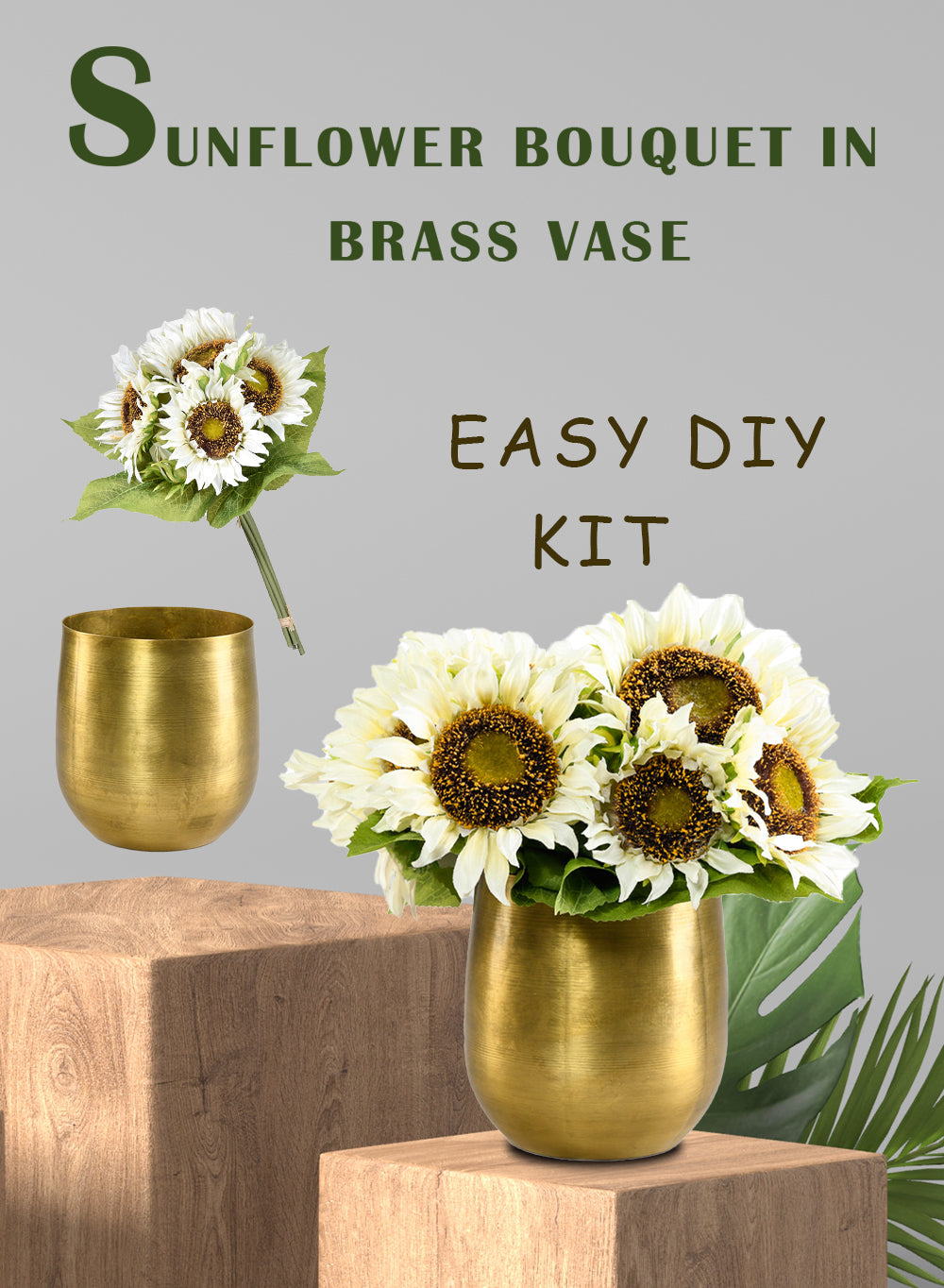 DIY Vase Kit: Contains Sunflower Bouquet & Brass Pot