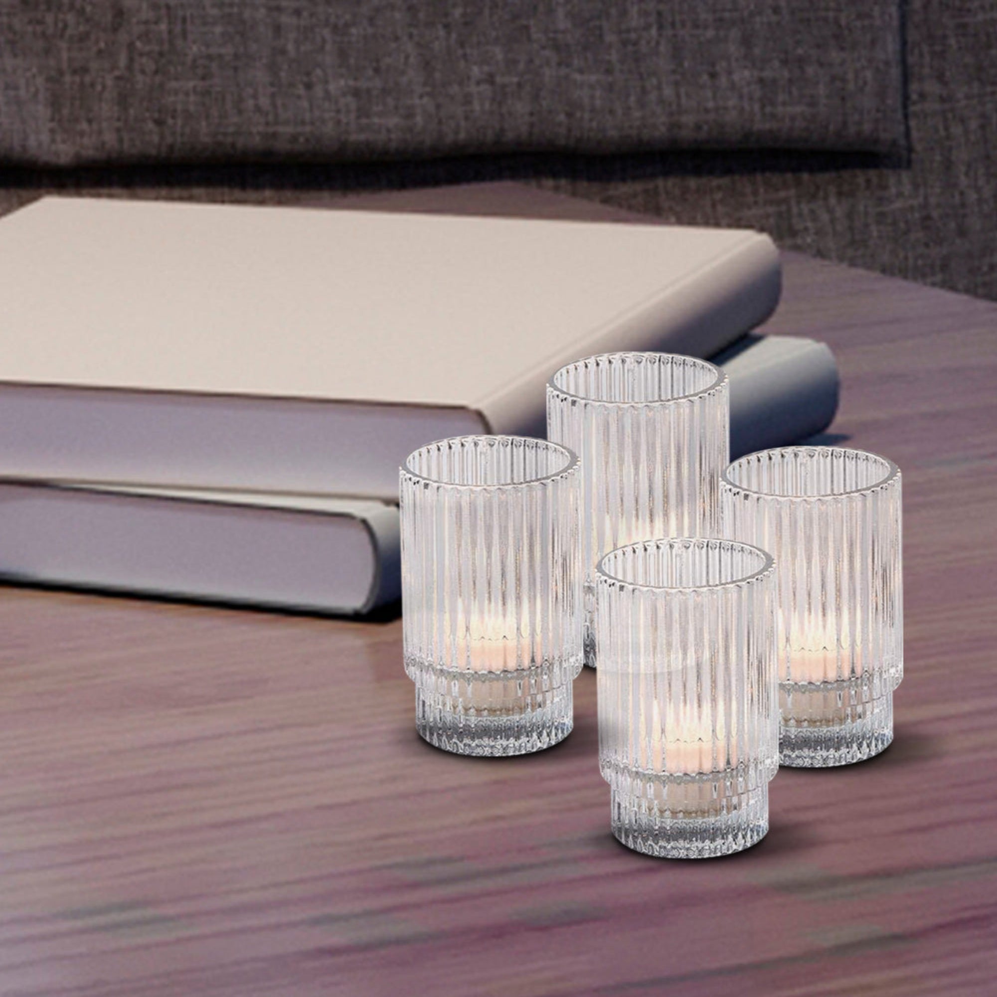 Bundle: Clear Ribbed Glass Votive Holders with Ivory Votive Candles
