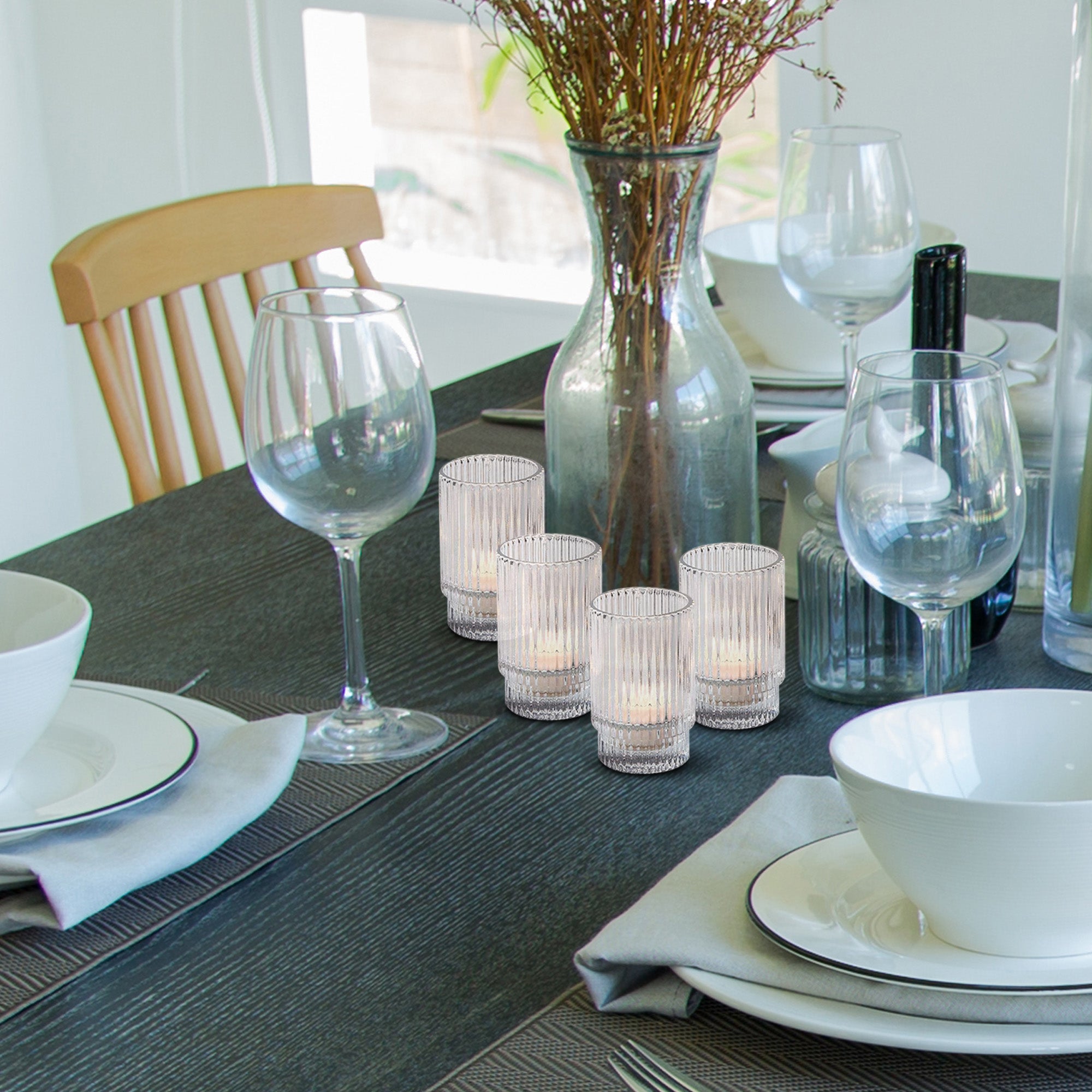 Bundle: Clear Ribbed Glass Votive Holders with Ivory Votive Candles