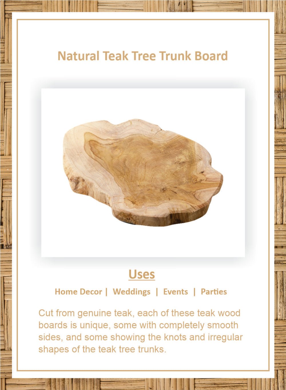 Natural Teak Tree Trunk Board, 8" Long, 6" Wide, 0.75" Tall
