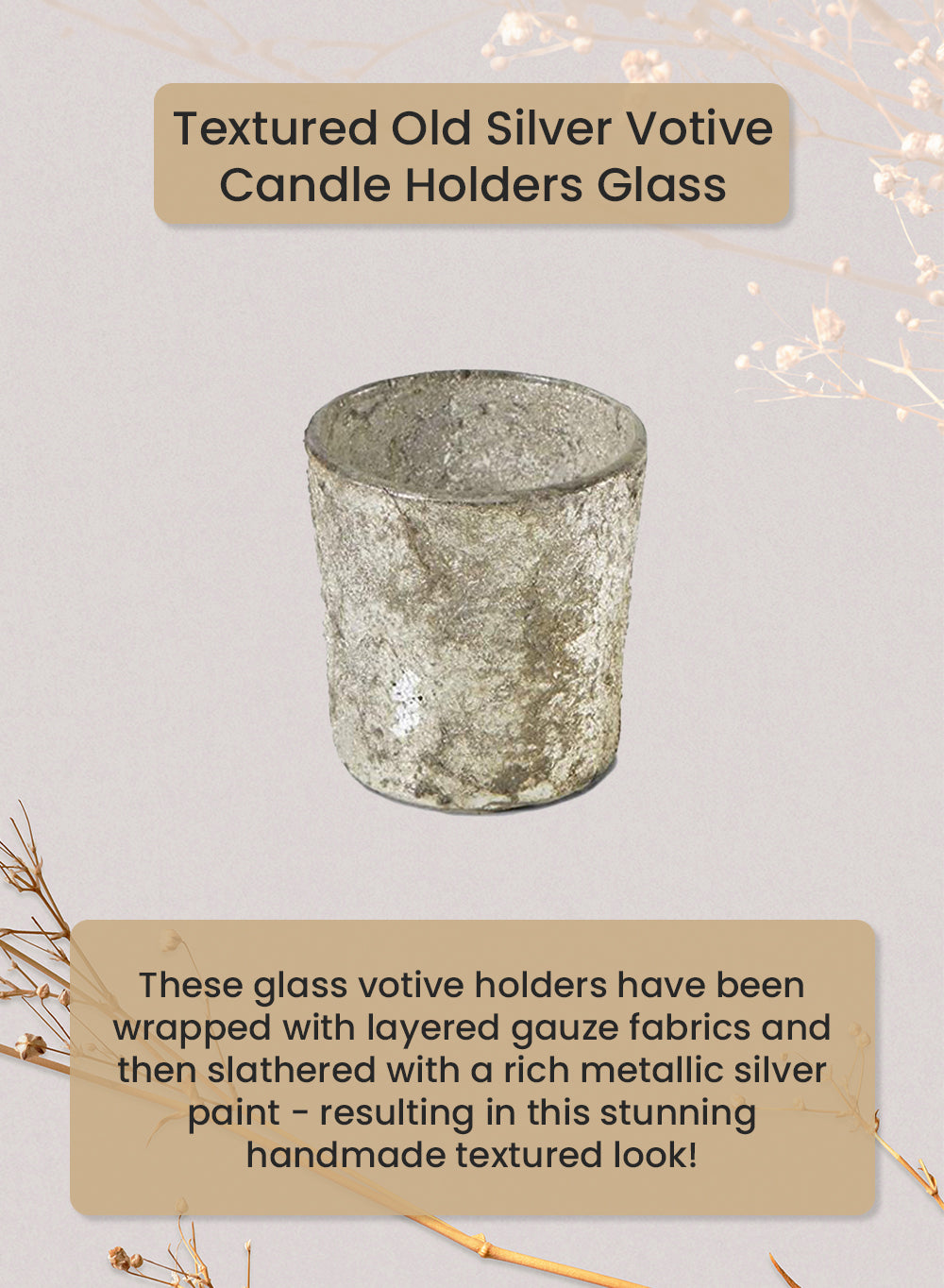 Serene Spaces Living Set of 6 Textured Old Silver Votive Candle Holders Glass, Ideal for Weddings Parties Fall Table Decorations, 2.5" Tall and 2.5" Diameter