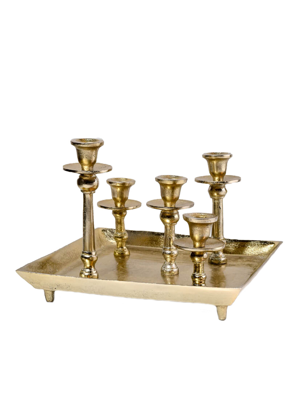 Gold Candlesticks on Square Tray, 12.75" Square & 9" Tall