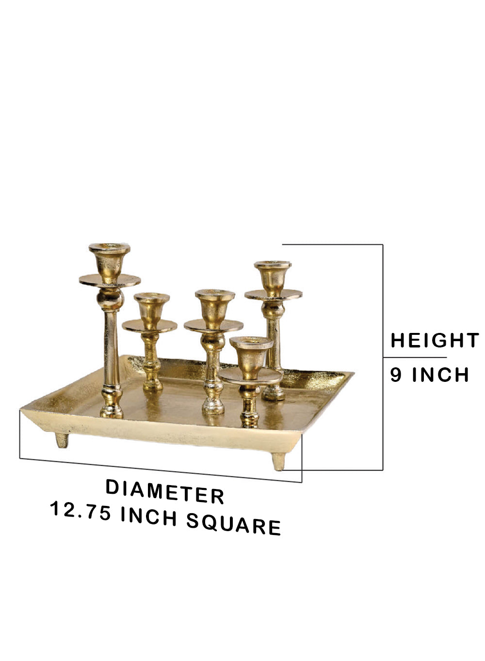 Gold Candlesticks on Square Tray, 12.75" Square & 9" Tall