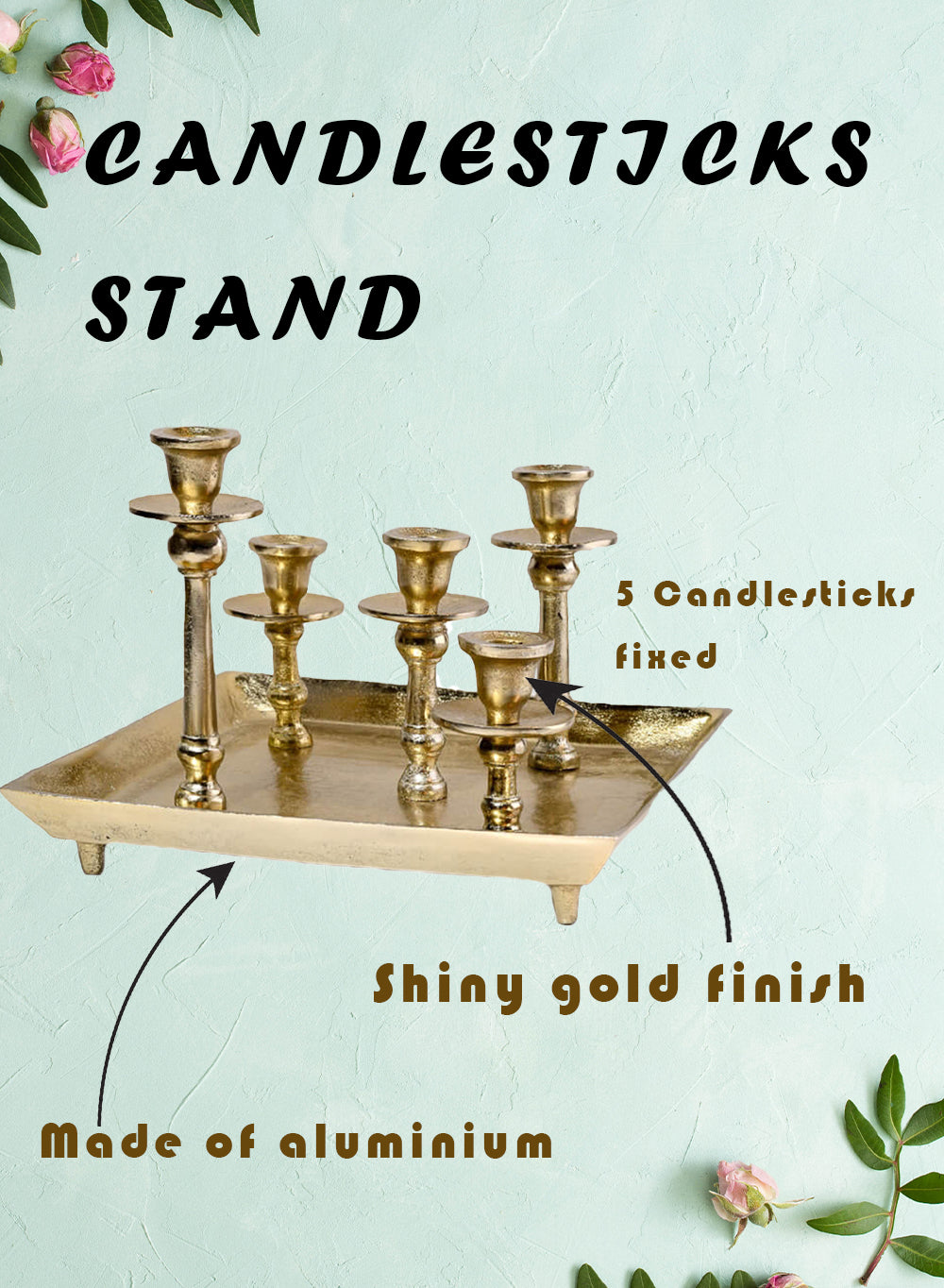 Gold Candlesticks on Square Tray, 12.75" Square & 9" Tall