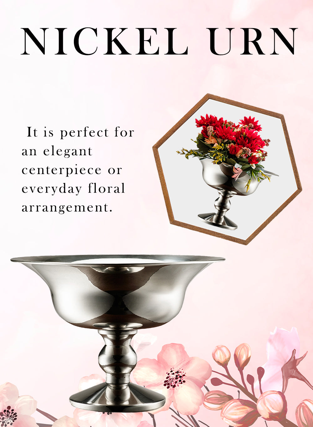 Polished Silver Floral Urn, 10" Diameter & 7.25" Tall