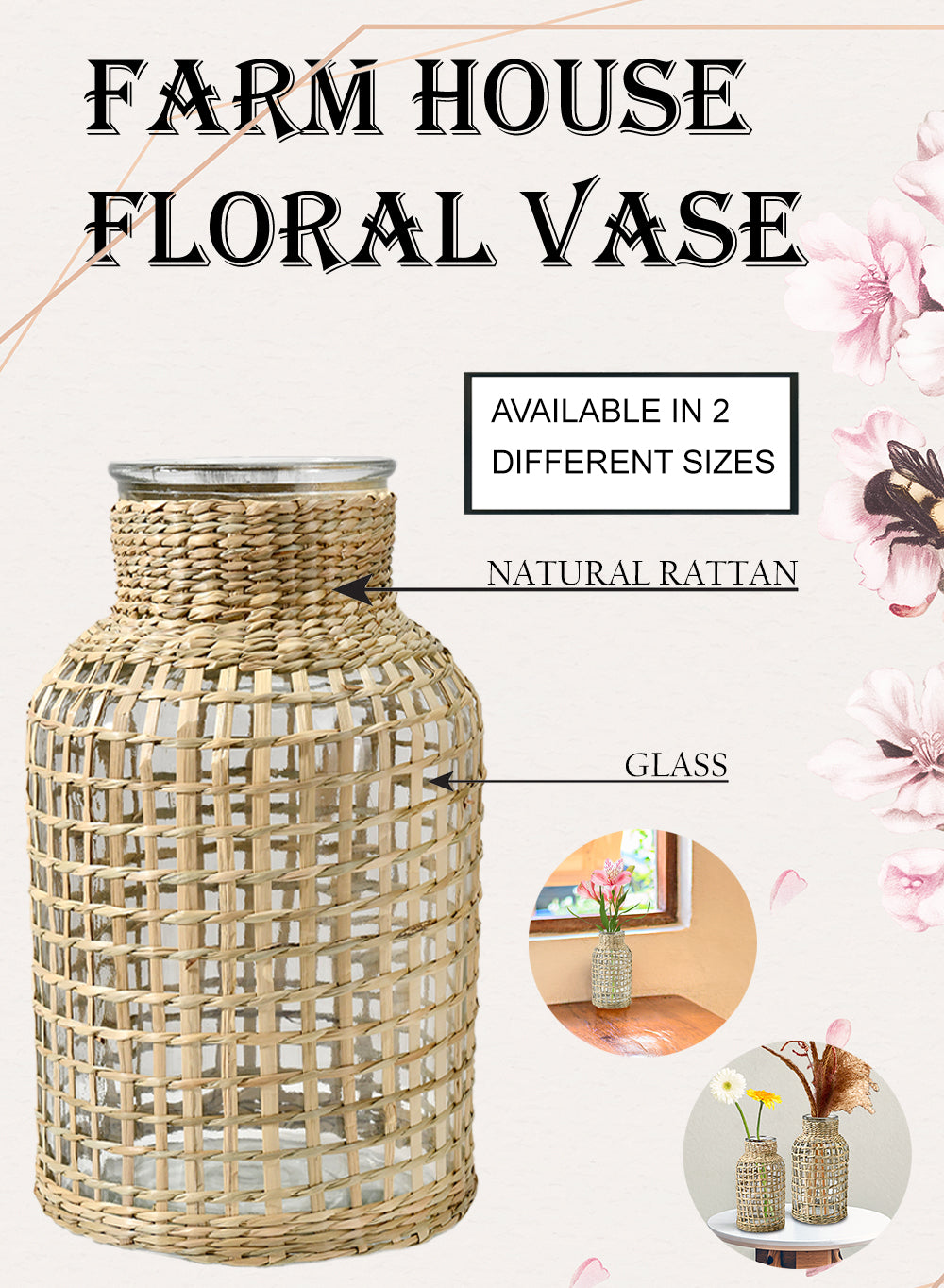 Natural Rattan Wrapped Bottle Vase, In 2 Sizes
