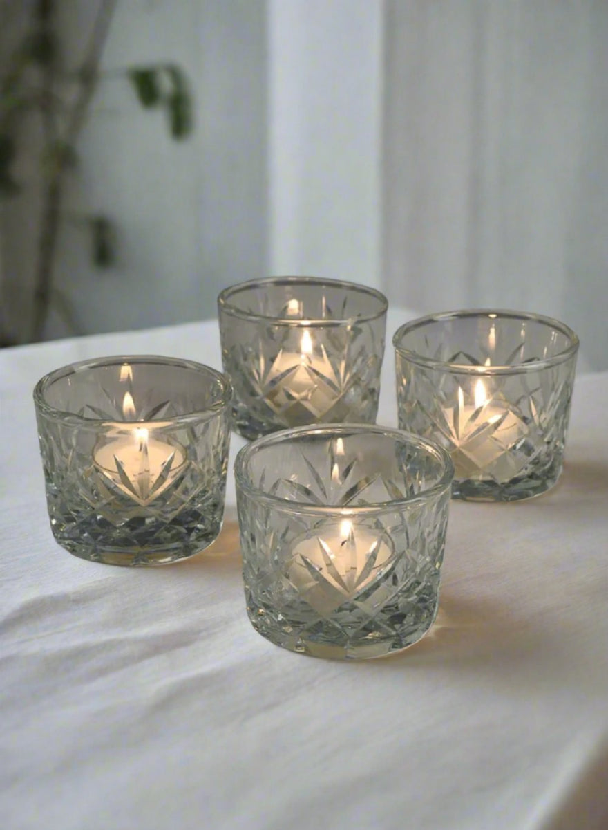 Serene Spaces Living Set of 4 Diamond Cut Glass Votive Holder, 2.5" H