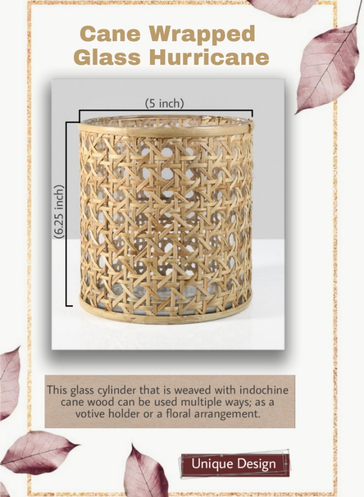 Rattan Cane Wrapped Glass Hurricane, in 6 Sizes