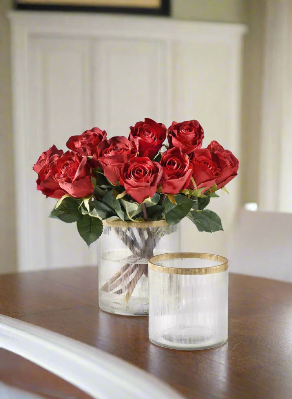 Ribbed Glass Cylinder Vase with Gold Rim, in 2 Sizes
