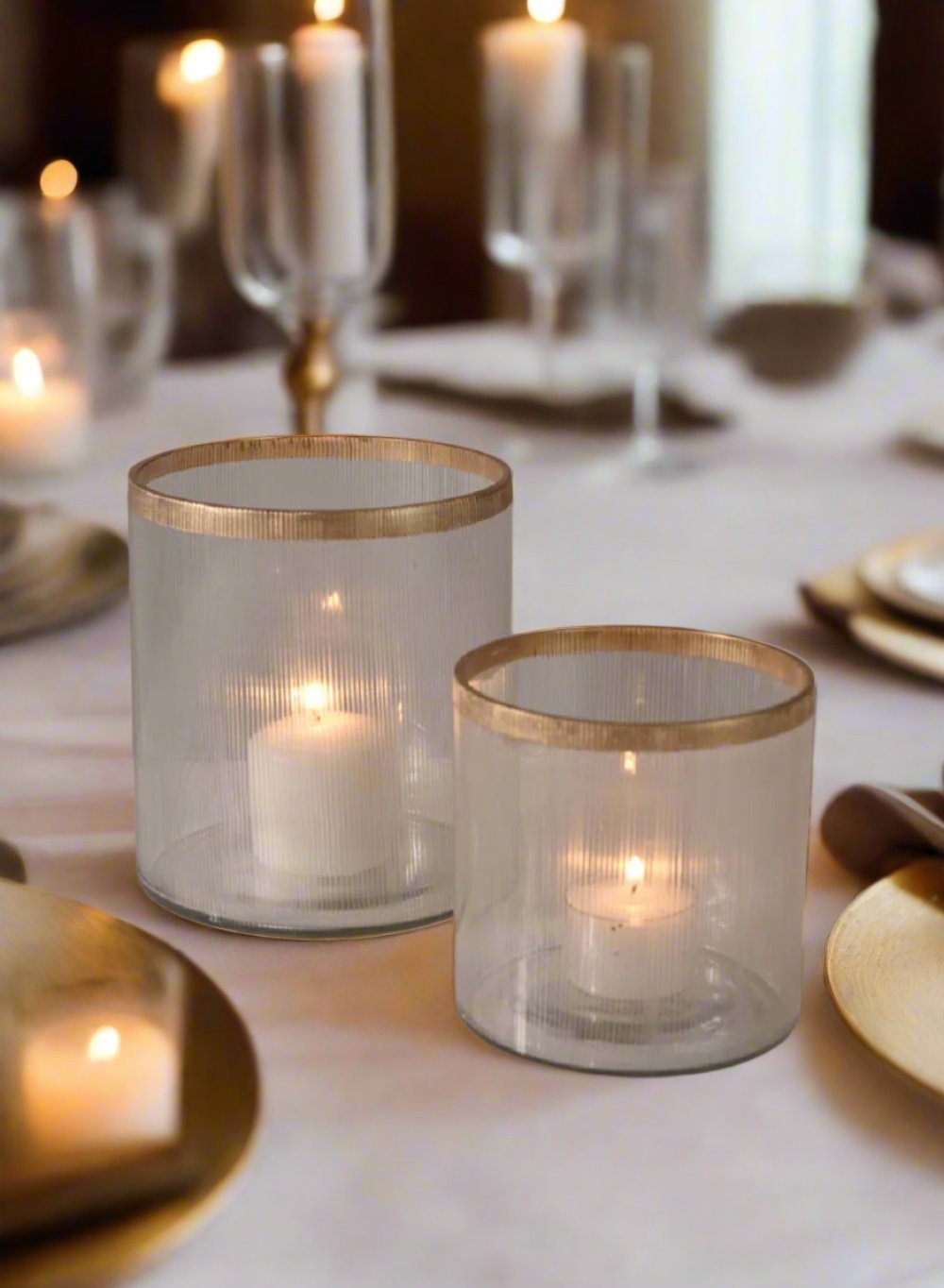 Ribbed Glass Cylinder Vase with Gold Rim, in 2 Sizes