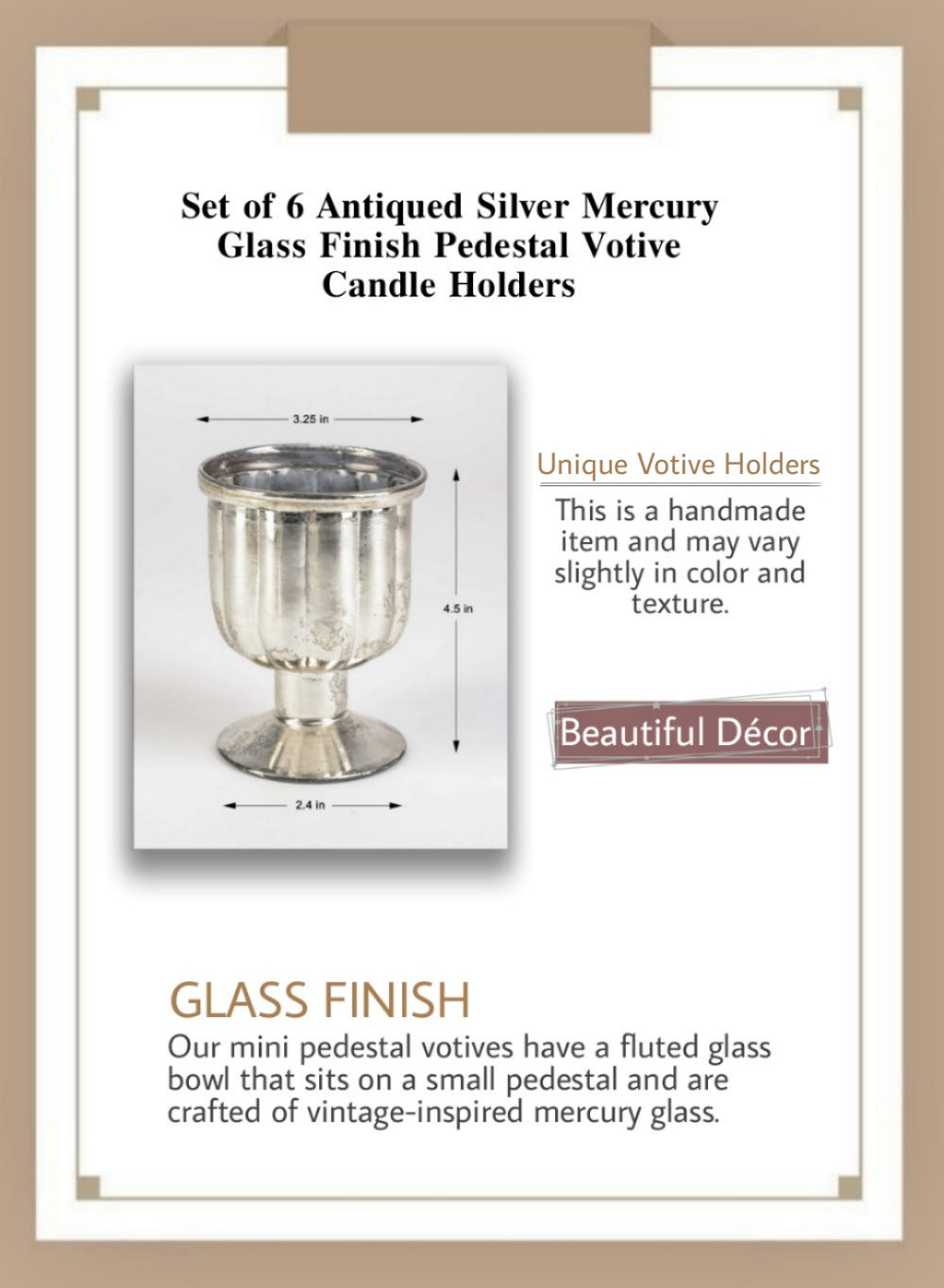 Antique Mercury Glass Pedestal Votive Holder, Sold Individually & Set of 24