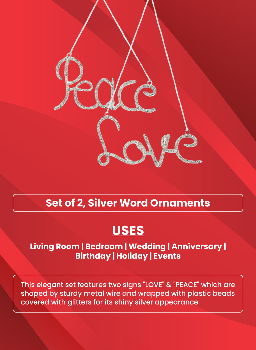 Silver Word Ornaments, 0.25" Wide & 4" Tall, Set of 2