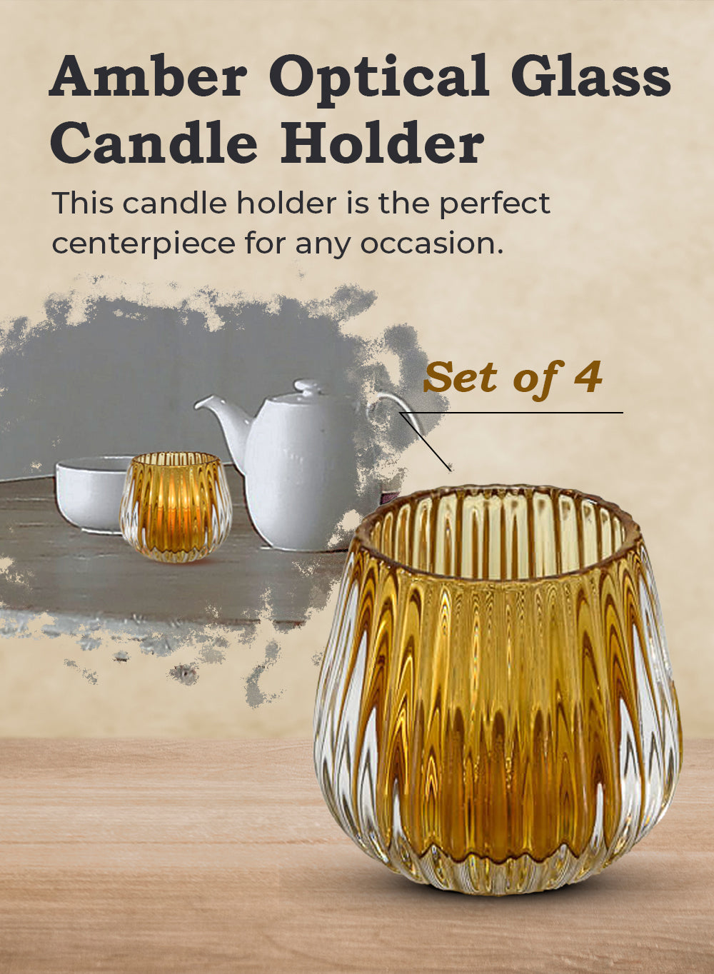 Optical Glass Candle Holder, Set of 4, in 3 Colors