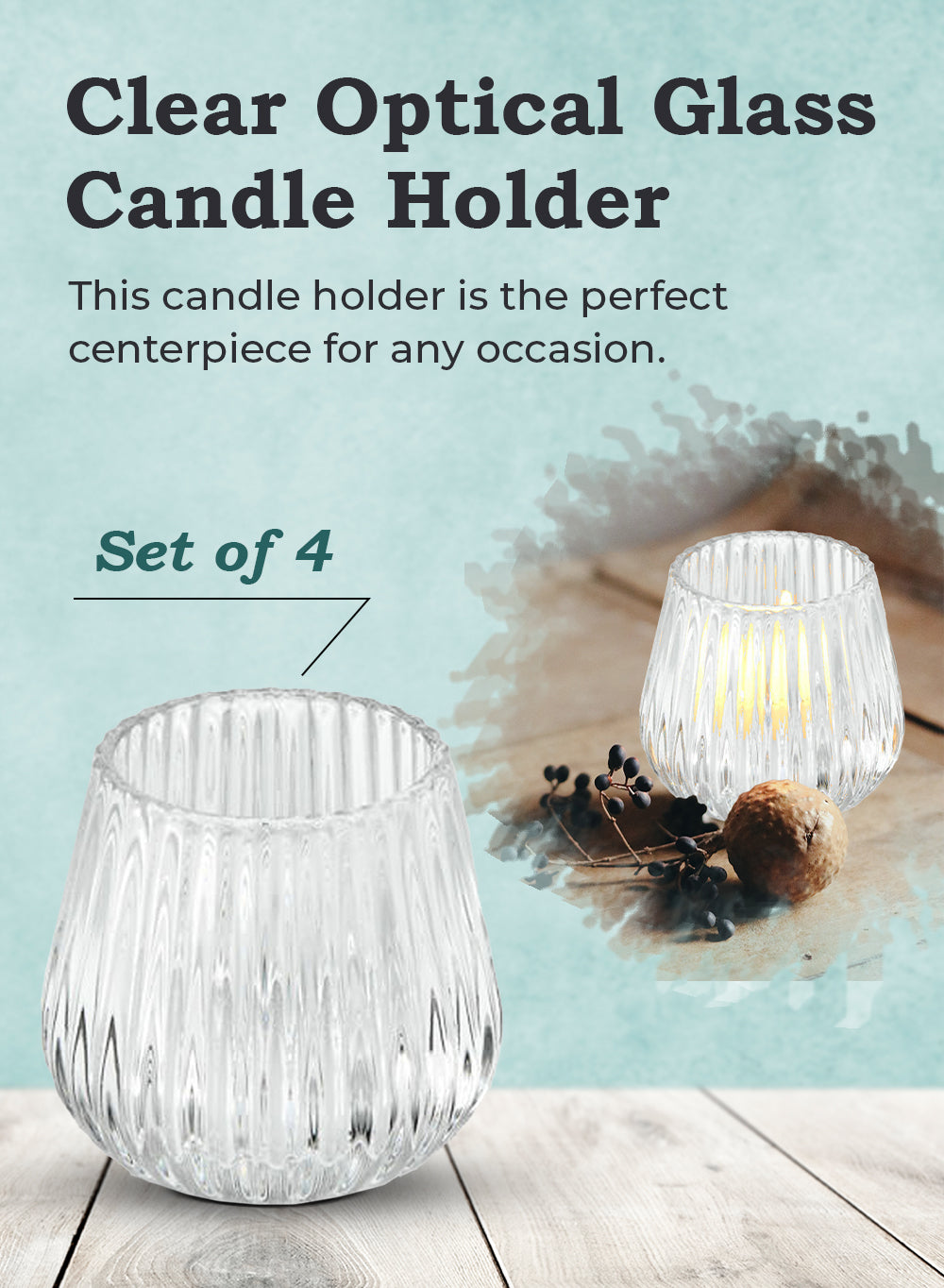 Optical Glass Candle Holder, Set of 4, in 3 Colors