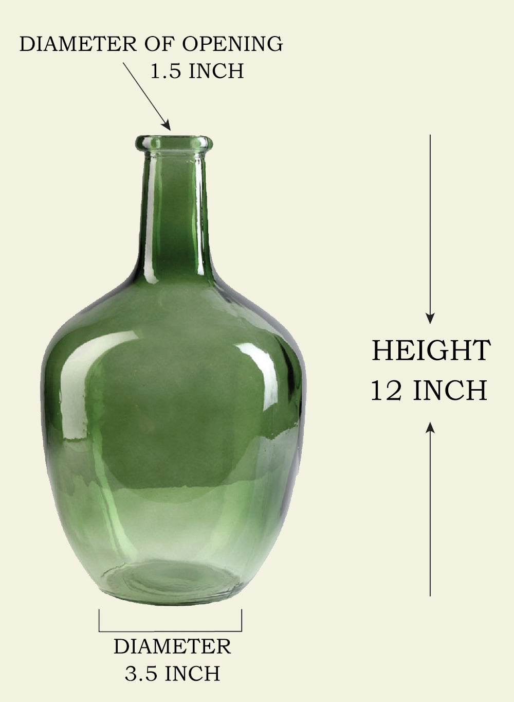 Green Bottleneck Glass Vase, 7.48" Diameter & 12.2" Tall