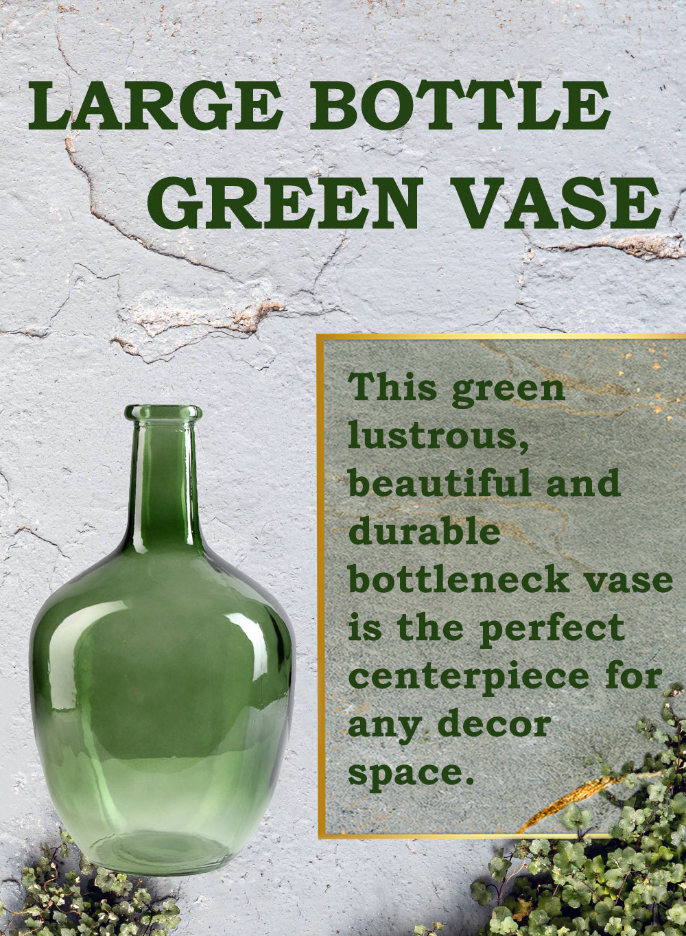 Green Bottleneck Glass Vase, 7.48" Diameter & 12.2" Tall