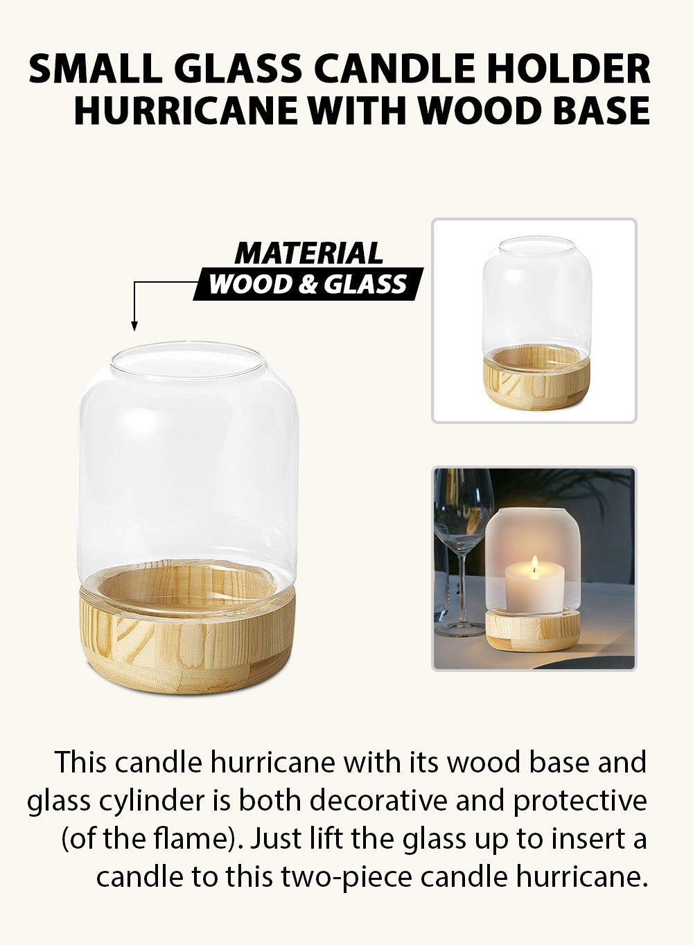 Glass Candle Holder Hurricane with Wood Base, in 2 Sizes