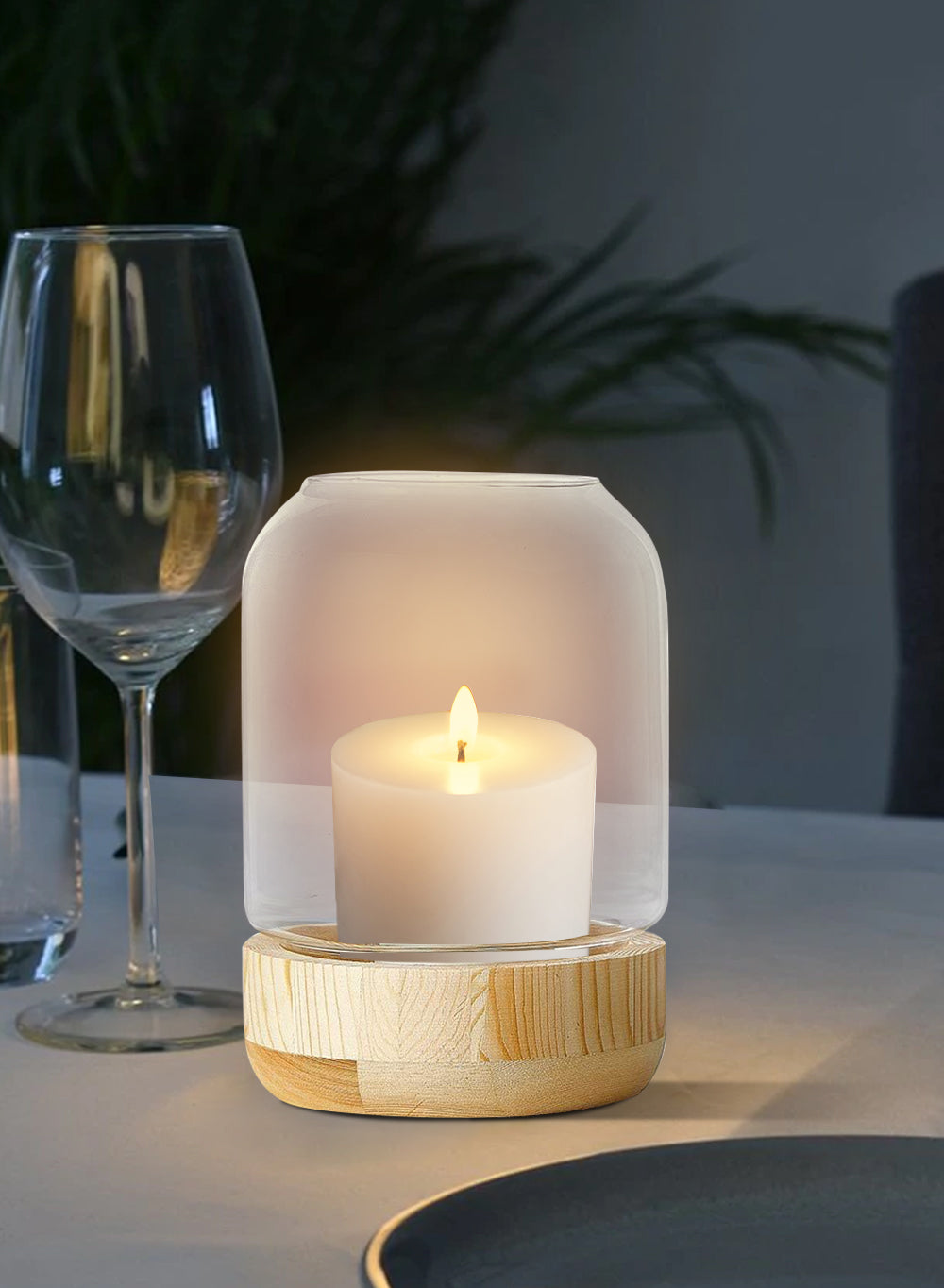 Glass Candle Holder Hurricane with Wood Base, in 2 Sizes